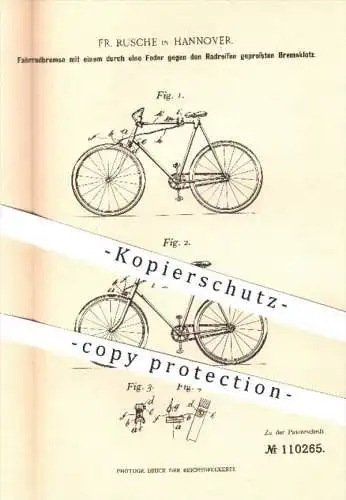 original Patent - Fr. Rusche , Hannover , 1899 , Fahrradbremse mit Bremsklotz | Bremse , Bremsen , Fahrrad , Fahrräder !