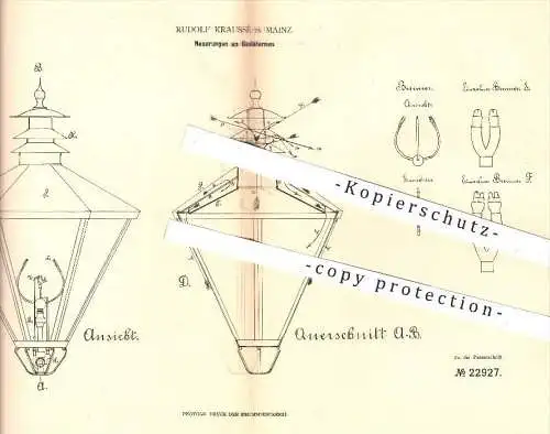 original Patent - R. Kraussé , Mainz , 1882 , Gaslaternen , Gaslaterne | Gas , Laterne , Licht , Lampen , Beleuchtung !!