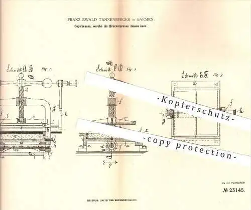 original Patent - F. E. Tannenberger , Barmen 1882 , Kopierpresse , Druckerpresse | Presse , Pressen , Druck , Druckerei