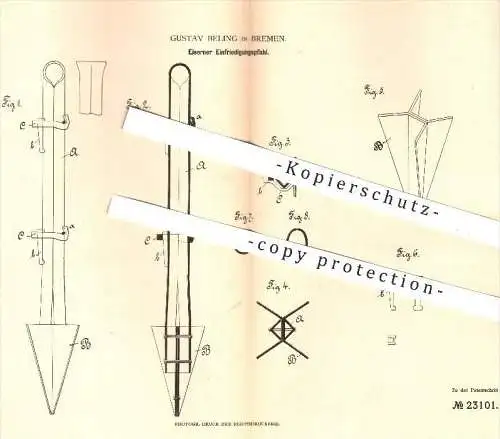 original Patent - Gustav Beling in Bremen , 1883 , Eiserner Einfriedungspfahl | Eisen , Pfahl , Eisenpfahl , Hochbau !!