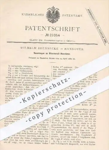 original Patent - W. Brennecke , Hannover , 1882 , Wäscheroll - Maschine , Wäsche , Wäscherei , Mangel , Wäschemangel !!