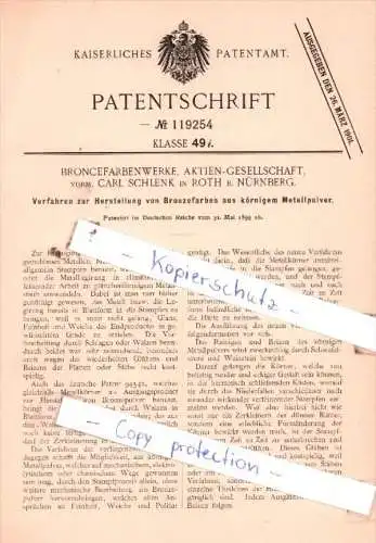 Original Patent  - Broncefarbenwerke, Aktien-Gesellschaft, vorm. Carl Schlenk in Roth b. Nürnberg !!!