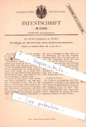 Original Patent  - Dr. Otto Cunerth in Thorn , 1882 , Gesundheitspflege !!!