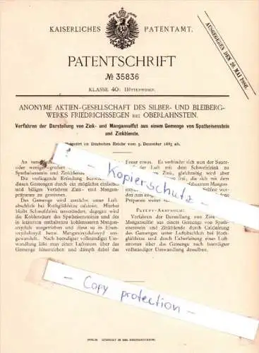 Original Patent  - Anonyme Aktien-Gesellschaft des Silber- und Bleibergwerks Friedrichssegen !!!