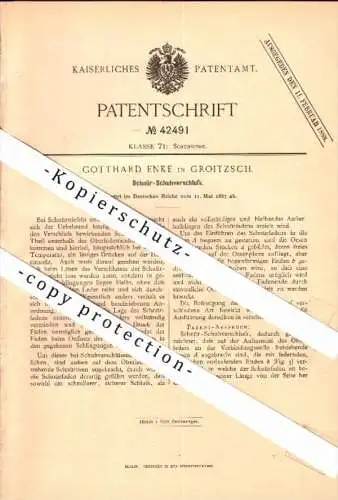 Original Patent - Gotthard Emke in Groitzsch b. Zeitz , 1887 , Schuh-Verschluß , Schuhmacher , Schuster , Schuhe !!!