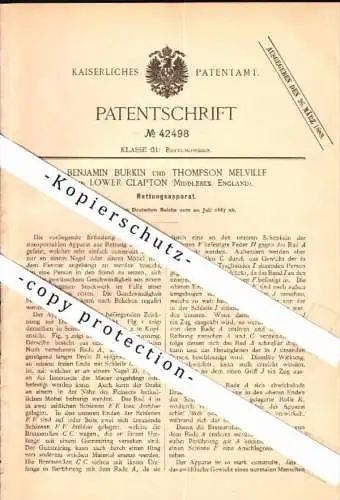 Original Patent - B. Burkin and Th. Melville in Lower Clapton / London ,1887 , Rescue apparatus at fire , fire Departmen
