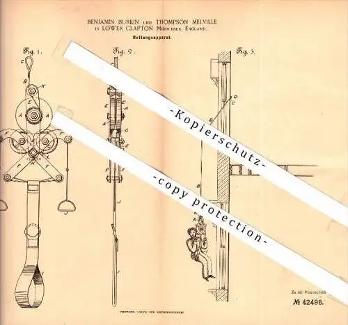 Original Patent - B. Burkin and Th. Melville in Lower Clapton / London ,1887 , Rescue apparatus at fire , fire Departmen