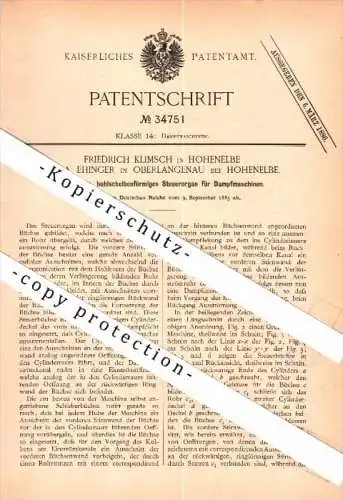 Original Patent - F. Klimsch und A. Ehinger in Oberlangenau , Hohenelbe / Vrchlabi ,1885, Steuerung für Dampfmaschine