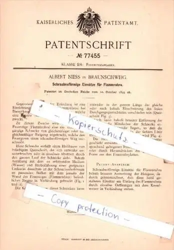 Original Patent  - Albert Niess in Braunschweig  , 1893 , Feuerungsanlagen !!!