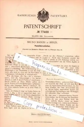 Original Patent  - Bruno Mädler in Berlin , 1894 , Pendelthürschließer !!!