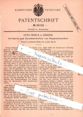 Original Patent  - Otto Pekrun in Dresden , 1885 , Buchbinderei !!!