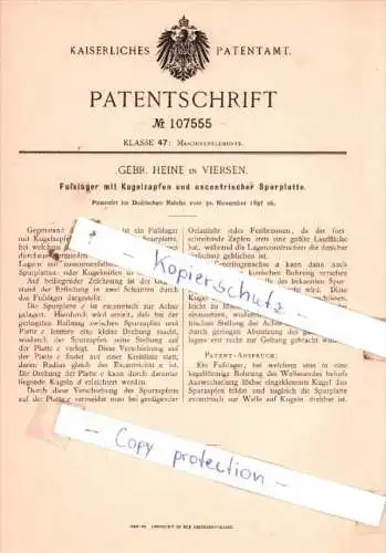 Original Patent  - Gebr. Heine in Viersen , 1897 , Maschinenelemente !!!