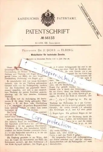 Original Patent  - Professor Dr. R. Dorr in Elbing , 1890 , Winkeltheiler für technische Zwecke !!!