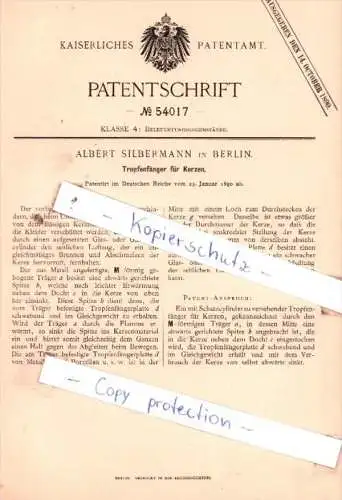 Original Patent  - Albert Silbermann Berlin , 1890 , Tropfenfänger für Kerzen !!!