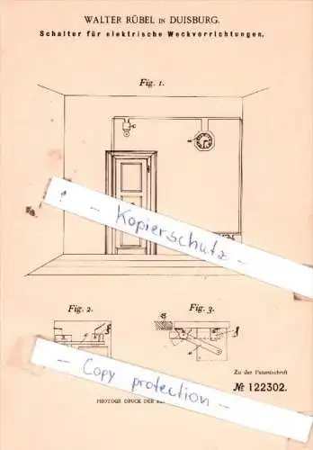 Original Patent  - Walter Rübel in Duisburg , 1899 , Schalter für elektrische Weckvorrichtungen !!!