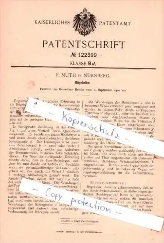 Original Patent  - F. Muth in Nürnberg , 1900 , Bügelofen !!!