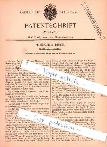 Original Patent  - H. Betche in Berlin , 1884 , Wellblechbiegemaschine !!!