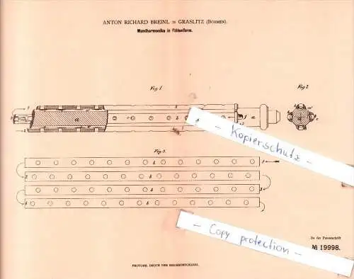 Original Patent  - Anton Richard Breinl in Graslitz , Böhmen , 1882 ,  Mundharmonika in Flötenform !!!