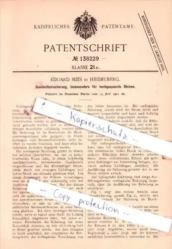 Original Patent  - Eduard Mies in Heidelberg , 1901 , Quecksilbersicherung !!!