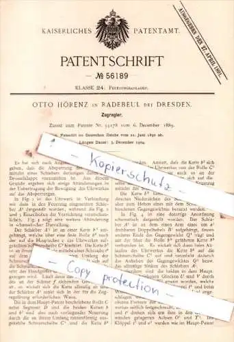 Original Patent  - Otto Hörenz in Radebeul bei Dresden , 1890 , Zugregler !!!