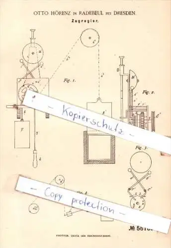 Original Patent  - Otto Hörenz in Radebeul bei Dresden , 1890 , Zugregler !!!