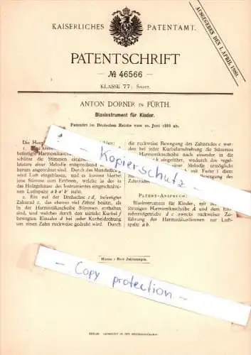 Original Patent  - Anton Dorner in Fürth , 1888 , Blasinstrument für Kinder !!!