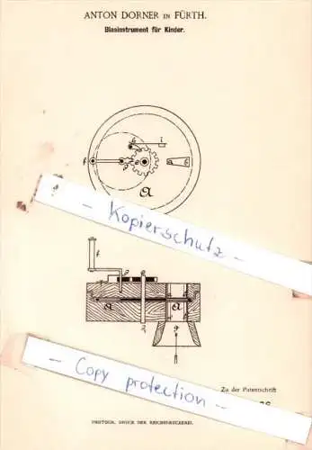 Original Patent  - Anton Dorner in Fürth , 1888 , Blasinstrument für Kinder !!!