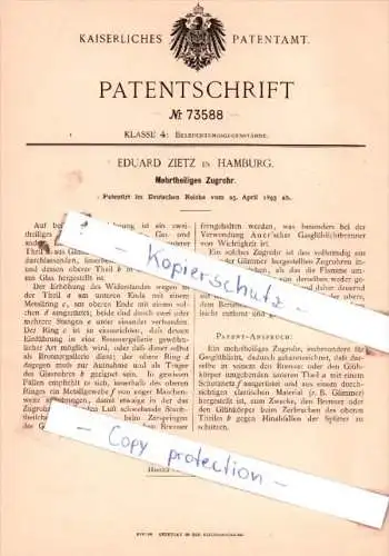 Original Patent  - Eduard Zietz in Hamburg , 1893 ,  Mehrtheiliges Zugrohr !!!