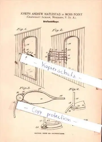 Original Patent  - Joseph Andrew Hatlestad in Moss Point , 1890 , Briefbeutelfänger !!!