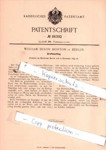 Original Patent  - William Dixon Horton in Berlin , 1895 , Briefumschlag !!!