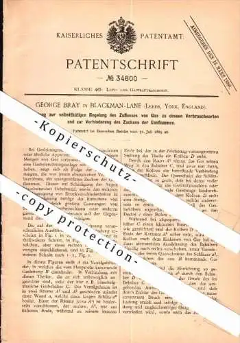 Original Patent - George Bray in Blackman Lane , Leeds , 1885 , Regelung für Gasmaschine , Motor !!!