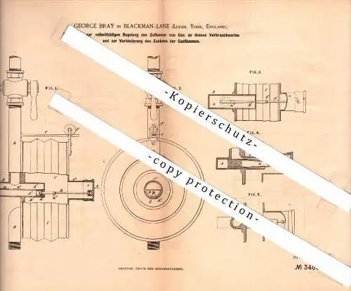 Original Patent - George Bray in Blackman Lane , Leeds , 1885 , Regelung für Gasmaschine , Motor !!!