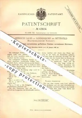 Original Patent - Heinrich Lages in Sandersdorf-Brehna b. Bitterfeld , 1888 , Visierkorn , Braunkohle-Grube Richardt !!!