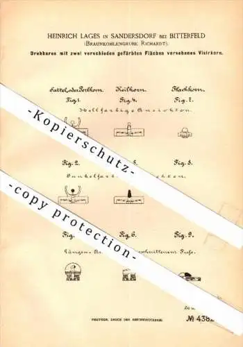 Original Patent - Heinrich Lages in Sandersdorf-Brehna b. Bitterfeld , 1888 , Visierkorn , Braunkohle-Grube Richardt !!!