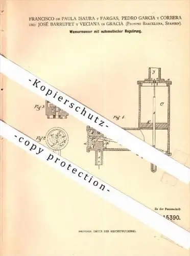 Original Patent - F. de Isaura y Fargas, P. y Corbera und J. y Veciana in Gracia / Barcelona , 1881 , medidor de agua