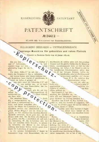 Original Patent - Pellegrino Bernardi in Unterliederbach / Frankfurt , 1883 , Maschine für rohes Fleisch , Fleischerei