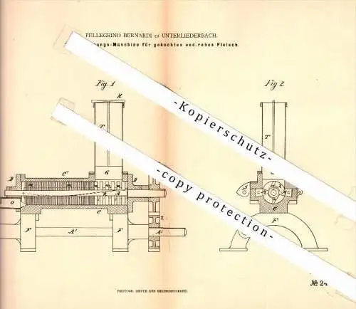 Original Patent - Pellegrino Bernardi in Unterliederbach / Frankfurt , 1883 , Maschine für rohes Fleisch , Fleischerei