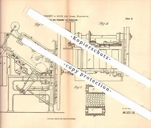 Original Patent - Alfred Perret in Roye , Somme , 1882 , Maschine zum Schneiden von Zuckerrohr !!!