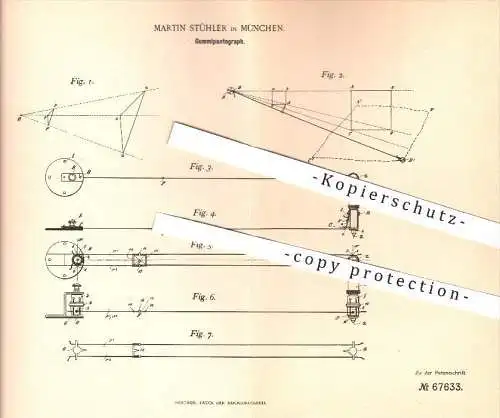 original Patent - M. Stühler , München , 1892 , Gummi - Pantograph , Pantograf , Zeichnen , Allesschreiber , Mathematik