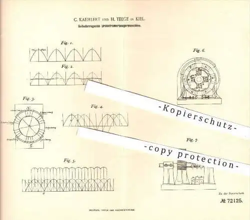 original Patent - C. Kaehlert , H. Teege , Kiel , 1893 , Maschine zur Erzeugung von Drehstrom , Strom , Elektrik !!!