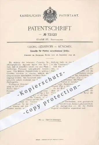 original Patent - Georg Hensinger , München , 1892 , Kassette für Platten verschiedener Größe , Kamera , Fotograf , Foto