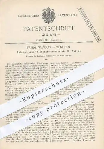 original Patent - Friedr. Wamsler , München , 1887 , Autom. Sicherheitsverschluss für Türen , Tür , Schloss , Schlosser