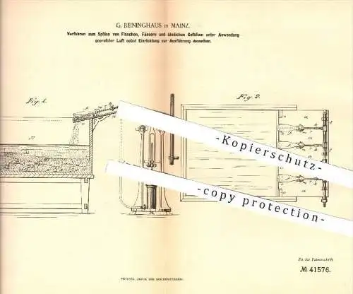 original Patent - G. Reininghaus , Mainz , 1887 , Spülen von Flaschen , Flasche , Fass , Fässer , Glas , Gläser !!!