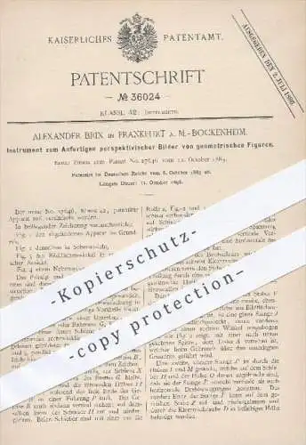 original Patent - A. Brix , Frankfurt / Main - Bockenheim , 1885 , perspektivische Bilder von geometrischen Figuren !