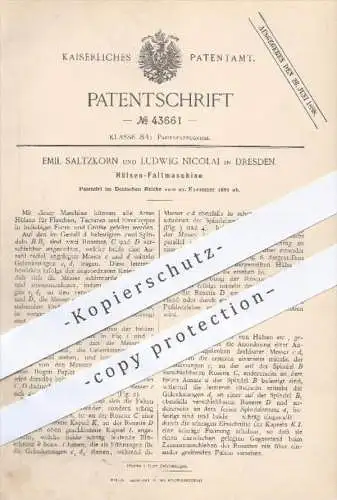 original Patent - E. Saltzkorn , L. Nicolai , Dresden , 1887 , Hülsen - Faltmaschine , Papier , Stoff , Papierfabrik !!!