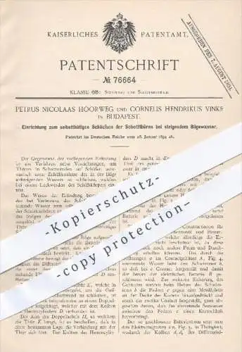 original Patent - Petrus Nicolaas Hoorweg , Cornelius Hendrikus Vinke , Budapest 1894 , Schotttür , Schiffe , Schiffbau