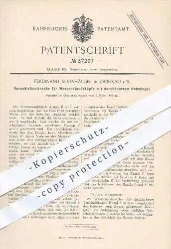 original Patent - F. Kornhäusel , Zwickau , 1886 , Verschluss - Schraube für Wasserstandsköpfe , Dampfkessel !!!