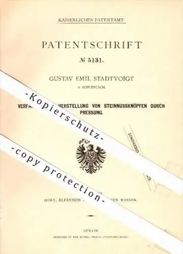 Original Patent - Gustav Emil Stadtvoigt in Schlebusch , 1878 , Herstellung von Knöpfen , Knopf , Knöpfe !!!