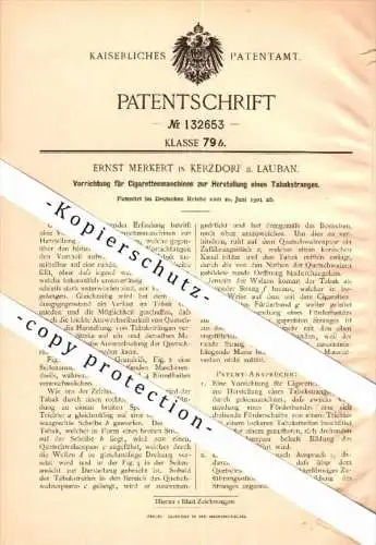 Original Patent - Ernst Merkert in Kerzdorf / Ksieginki b. Lauban , 1901 , Zigaretten-Maschine , Tabak , Schlesien !!!