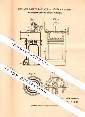 Original Patent - Richard D. Larsson in Högfors , Finnland , 1901 , Reaktions - Vollturbine !!!